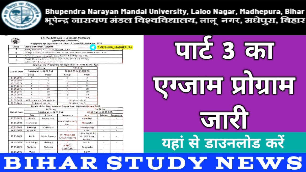 BNMU Madhepura Degree Part 3 Exam Programme 2025